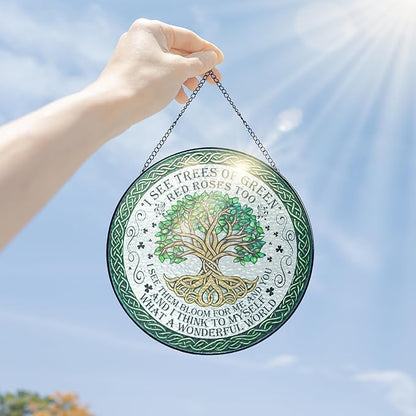 FLAGWIX Tree of Life Gifts for Women Men - Stained Glass Window Hanging 8 in - House Warming Birthday Gifts for Friend Family, Tree of Life Decor Suncatchers for Windows Hanging, Celtic Garden Decor