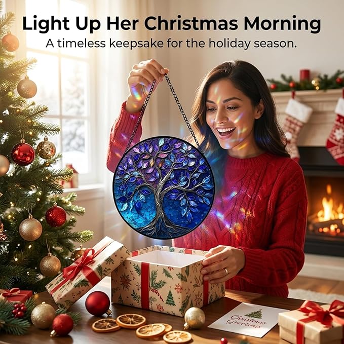 Birthday Gifts for Women - Blue Tree of Life Faux Stained Glass Window Hanging Sun Catcher for Door Garden Acrylic Decor Mother's Day Christmas for Mom Nana Grandma Sisters Wife 7.8"