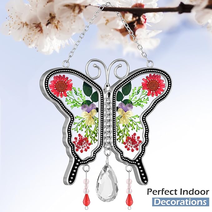 KY&BOSAM Suncatcher Butterfly Stained Glass Crystal Butterfly Suncatchers Ornament hangings for Windows Wind Chime with Pressed Flower Butterfly Embedded in Glass Mother`s Day Birthdays
