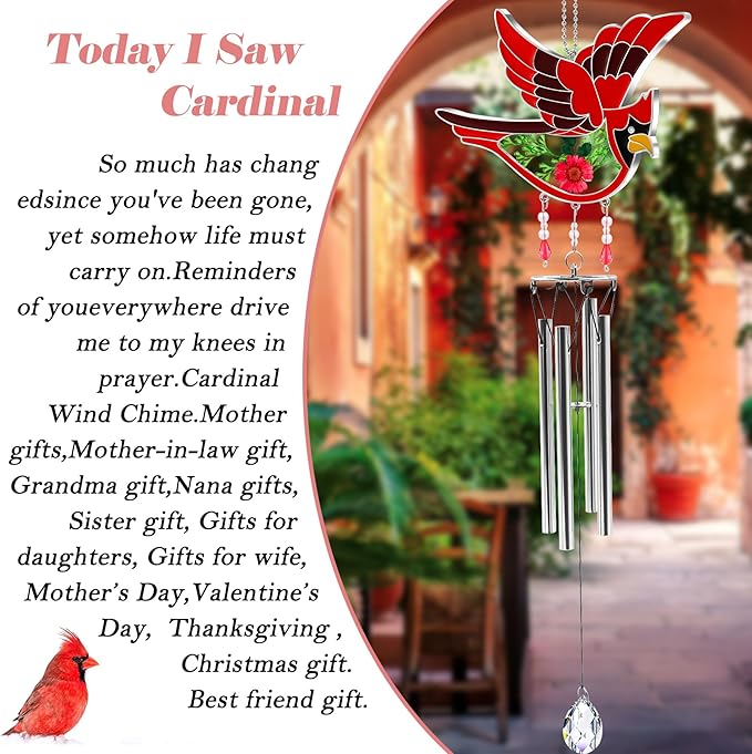KY&BOSAM Cardinal Wind Chime for Outside Stained Glass Sympathy Wind Chimes Memorial Wind Chime for Loss of Loved One Mother Father Condolence Remembrance,Sympathy Gift Home Outdoor Garden Patio Decor