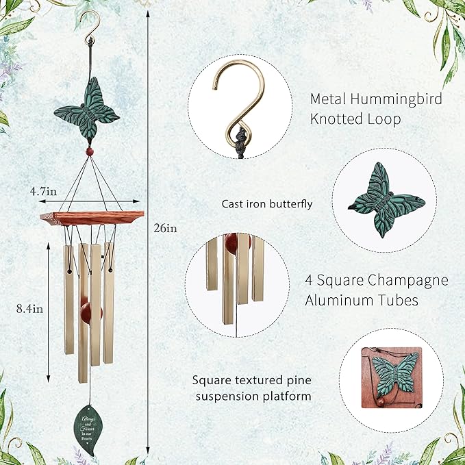 ASTARIN Cardinal Memorial Wind Chimes, Personalized 26" Small Metal Symphthy Wind Chime, Bereavement Gift for Loss of Loved One Father Mother, Dragonflie Damselflie Decor for Outside Patio Garden