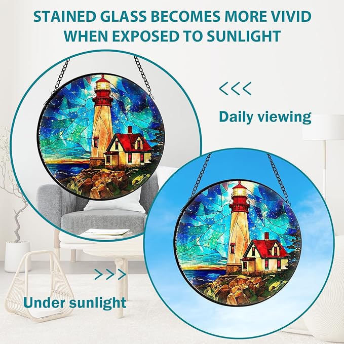 Lighthouse Stained Glass Window Hanging, Suncatcher Diamond Glass Panel Hangings, Suncatchers Indoor Windows Wall Art Decor, Gift for Mom Grandma, Christmas Decor for Home Office Garden 7.87 inches