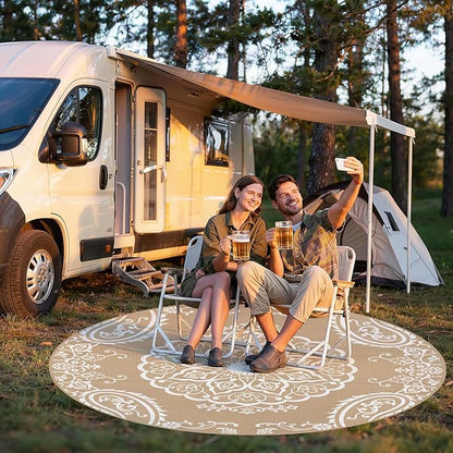 Pauwer Waterproof Outdoor Rug 8ft, Reversible Plastic Straw Patio Camping Rug, Indoor Outdoor RV Mat Carpet for Deck, Camper, Porch, Balcony, Backyard, Picnic, Boho Brown