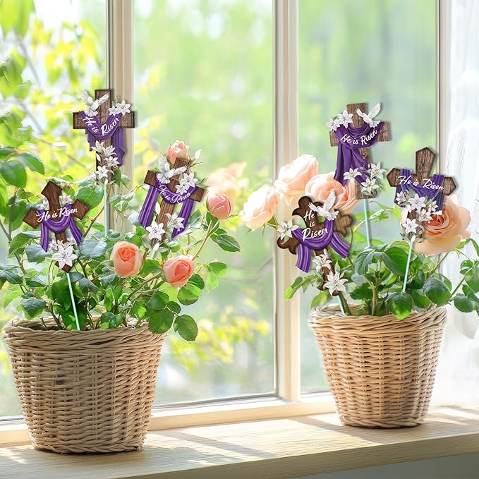 Cinrobiye 12Pcs Easter Planter Stakes Religious He is Risen Flower Pot Signs Christian Cross Stake Outdoor Lawn for Easter Party Patio Yard Outside Greetings Home Farmhouse Decor