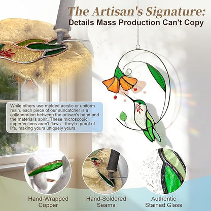 Handmade Tiffany Copper Foil Stained Glass Hummingbird Suncatcher – Colorful Window Hanging Ornament with Flowers, Gift for Grandma, Women, Bird Lovers, Home Decor