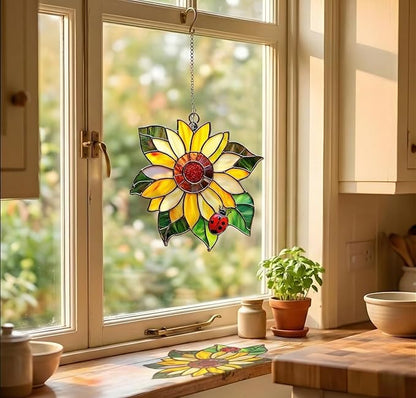 Sunflower with Ladybug Flower Handmade Resin Suncatchers, Artisan Sun Catcher, Flower Suncatchers for Window Hanging, Garden Decor, Gift for Mother's Day Mom Women Grandma Wife