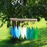 Blue Handworks Gradient Ocean Waterfall & Driftwood Glass Leaves Chime - Sandblasted Glass and Found Wood Handcrafted Wind Chime
