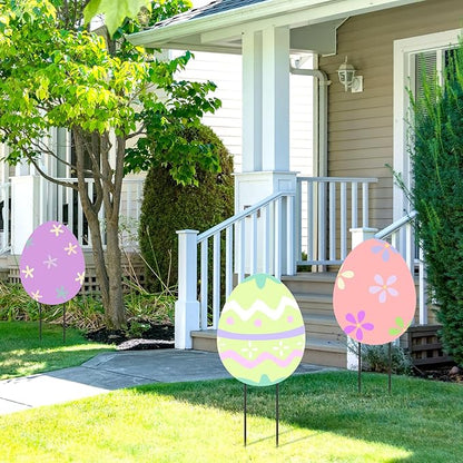 MorningRo 3 Pcs Large Easter Egg Yard Signs Metal Egg Garden Stakes Easter Lawn Decorations Outdoor Colorful Decorative Yard Decoration with Stake for Holiday Decor
