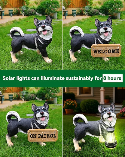 Black Husky Path Companion with Solar Lantern and Double-Sided Sign, Standing Husky Statue for Terrace, Walkway, Patio & Porch