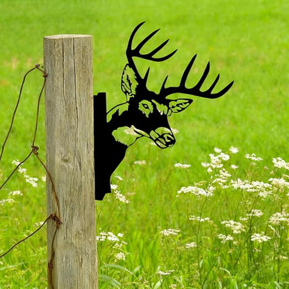 Peeping Metal Deer Decor - Black Deer Yard Art for Outdoor Tree, Fence, or Farmhouse Wall, 11.4" x 9.37" Weatherproof Metal Animal Silhouette (Screws Included)