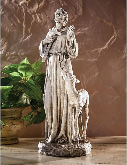 Avalon Gallery Garden Statue - Saint Francis of Assisi Stone-Resin Indoor/Outdoor Catholic Sculpture, 12.75" Tall, Standing with Deer