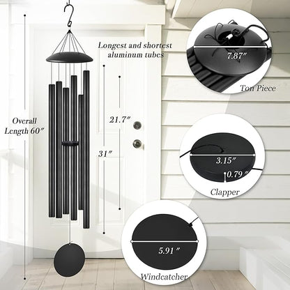 60" Extra Large Wind Chimes with Outside Deep Tone, 6 Thick and Bold Aluminum Tubes, Coolest Metal Windchimes Outdoors with Pine Wood Striker, Unique Gift for Mom, Garden Decoration(Black)