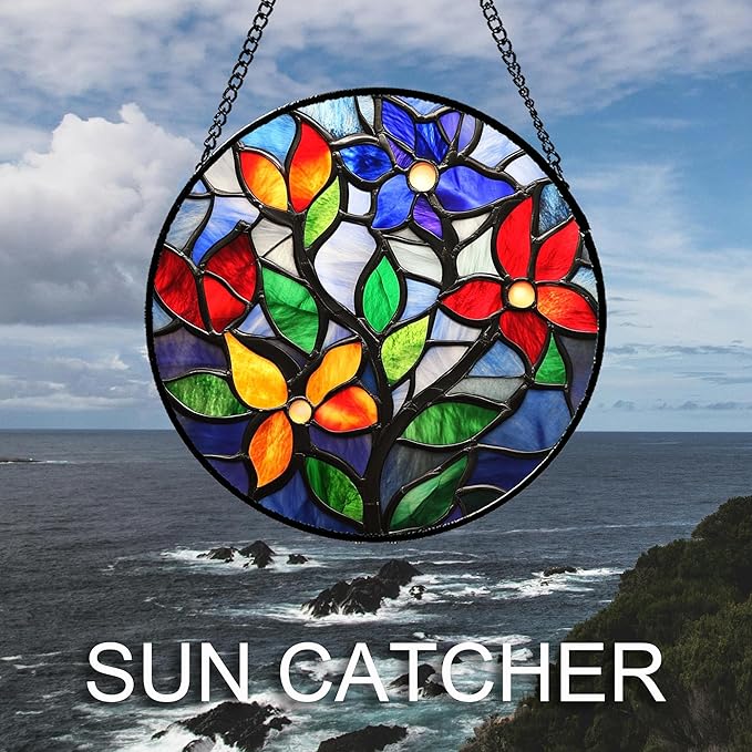 Stained Glass Window Hanging Colorful Flowers Leaves Large 11.8" - Suncatcher Door Garden Sun Catcher Home Decor Birthday Christmas Mother's Day for Mom Men Woman Nana Friend