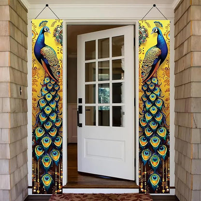 Peacock Porch Banners 180x30 CM Elegant Golden Peacock Decorations Hanging Door Signs Outdoor Home Decor Entryway Welcome Banner for Porch Patio Garden Party