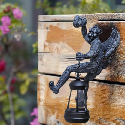 Dragon Winged Gargoyle Tree Hugger with Solar Lantern Gothic Lamp Wall Fence Hanger Decor Garden Statue Yard Patio Unique Perfect Present for Women Mom Grandma