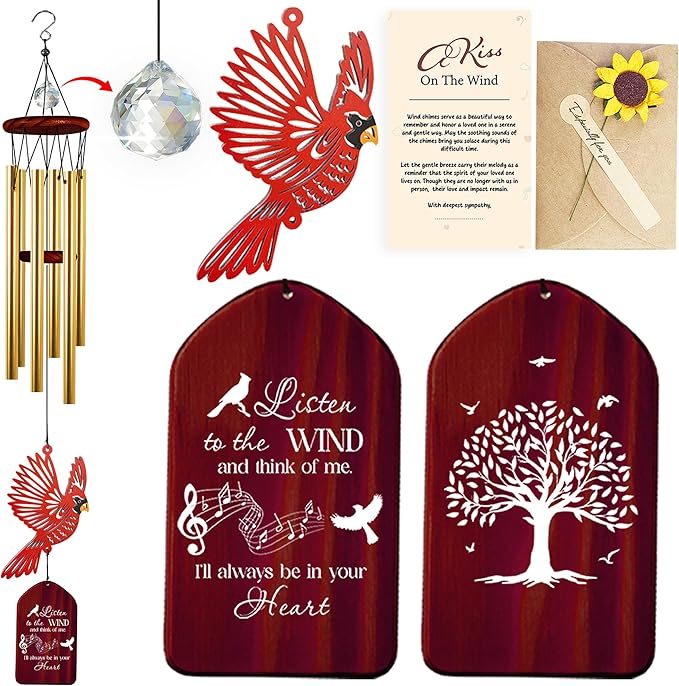 30'' Memorial Crystal Wind Chimes Loss of Mom Dad Grandparent Sympathy Cardinal Bird Keepsake Weatherproof Windchime Remembrance Gift in Memory Loved Ones for Window Outdoor Garden Decor HW2-RW