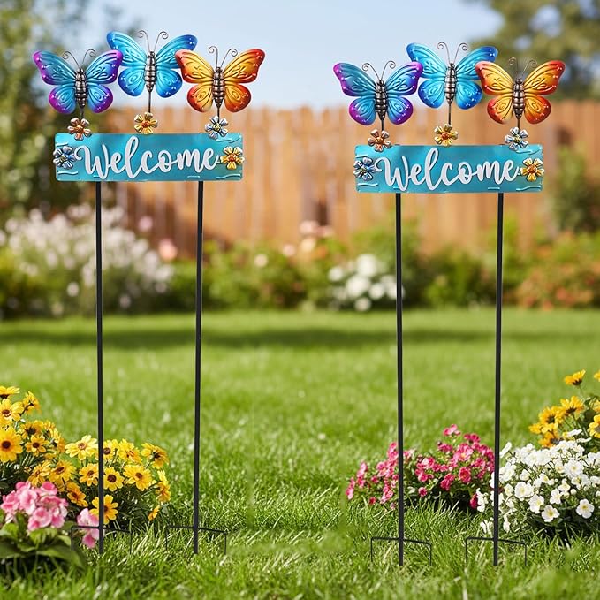 Large Butterfly Garden Stakes 42.1inch with Welcome Sign and Flowers, Butterfly Garden Decor Metal Yard Art for Spring, Lawn Ornaments, Pathway, Outdoor Summer Decorations