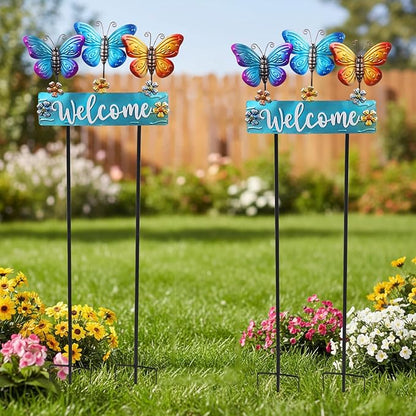 Large Butterfly Garden Stakes 42.1inch with Welcome Sign and Flowers, Butterfly Garden Decor Metal Yard Art for Spring, Lawn Ornaments, Pathway, Outdoor Summer Decorations