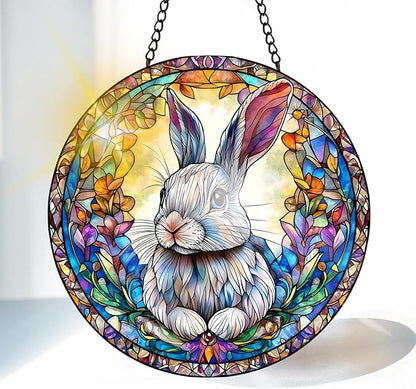 VAIIEYO Rabbit Sun Catcher Stained Glass Window Hanging Ornament, Handmade Sun Catcher Animal Decoration with Hooks for Window Garden Home, Mother's Day & Birthday Housewarming Gift (7.8 inch)