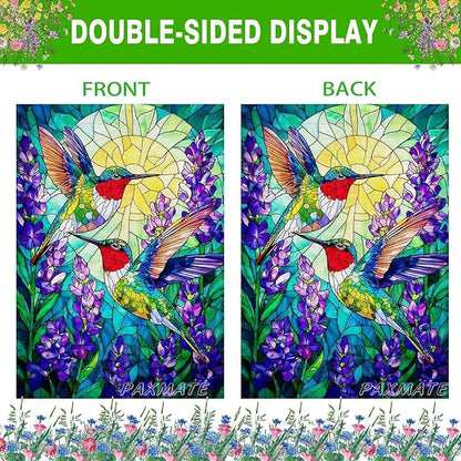 Spring Summer Hummingbird House Flag Double Sided 28x40 Inch, Stained Glass Hummingbird Floral Outdoor Flag Seasonal Farmhouse Outside Outdoor Decoration