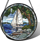 Stained Glass Window Hanging Blue Ocean White Sailboat Large 11.8" - Nature Suncatcher Door Garden Sun Catcher Home Decor Birthday Christmas for Woman Mom Men Friend Nana