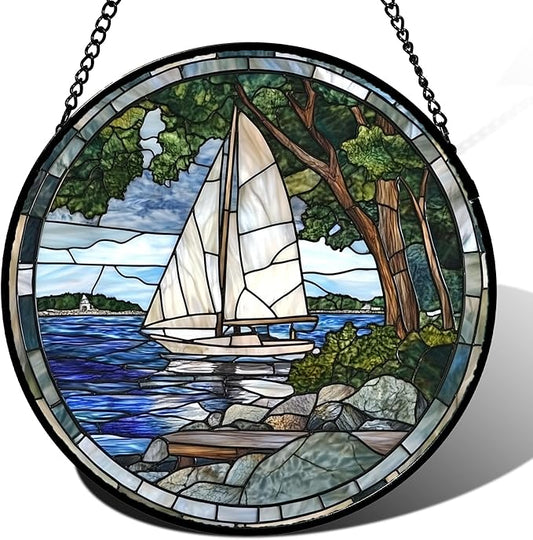 Stained Glass Window Hanging Blue Ocean White Sailboat 6.3" - Nature Suncatcher Door Garden Sun Catcher Home Decor Birthday Christmas for Woman Mom Men Friend Nana
