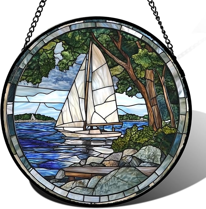 Stained Glass Window Hanging Blue Ocean White Sailboat 7.8" - Nature Suncatcher Door Garden Sun Catcher Home Decor Birthday Christmas for Woman Mom Men Friend Nana