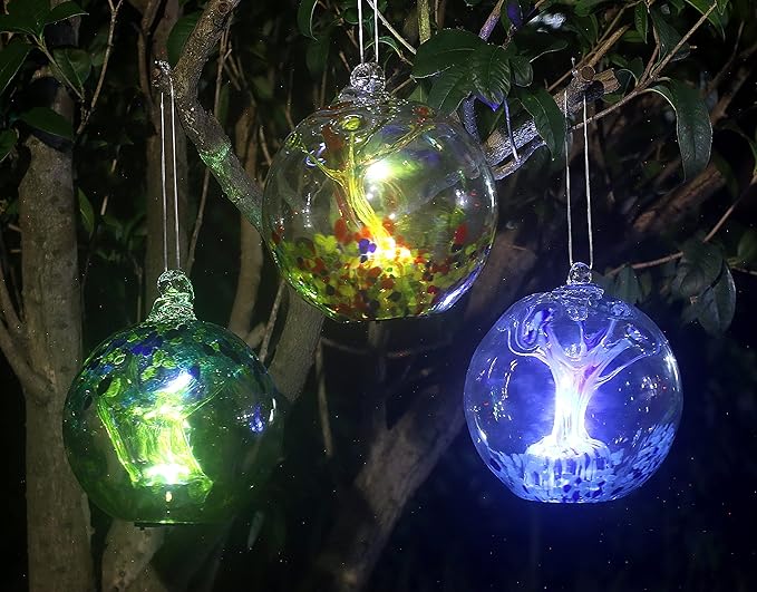 5.5-Inch Solar Powered Hanging Threaded Glass Gazing Ball Outdoor Garden Decoration (Green, Aqua & Blue)