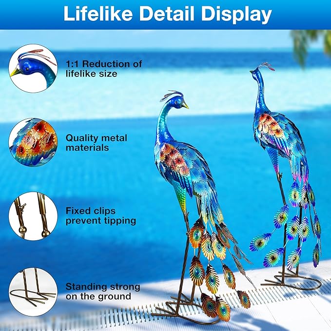 33.4“ Lifelike Metal Peacock Garden Sculptures Set of 2 - Hand-Painted Garden Peacock Sculpture Art and Durable Yard Art Outdoor - Garden Large Peacock Decorations for Patio Lawn or Backyard