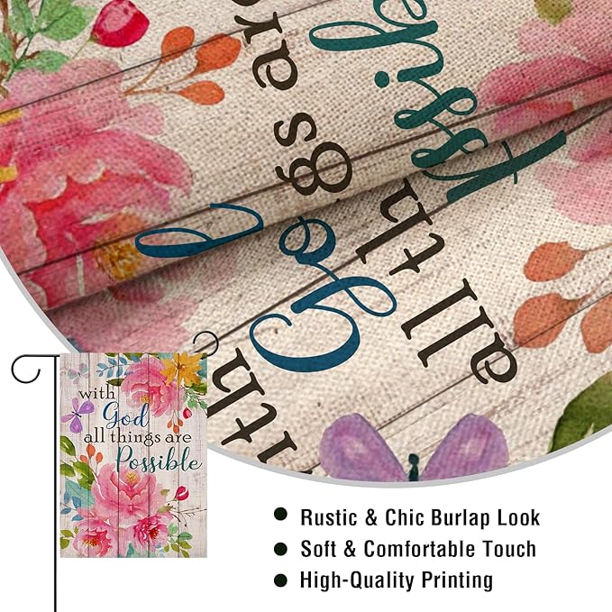 Artofy with God all Things are Possible Christian Home Decorative Garden Flag, Spring Summer Religious House Yard Outdoor Peony Flower, Inspirational Butterfly Outside Farmhouse Small Decor 12 x 18