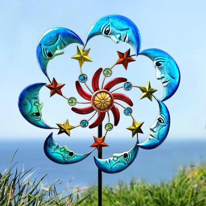 Moon Sun 58-Inch Metal Wind Spinner with Stake for Garden, Yard, Lawn and Patio Decor