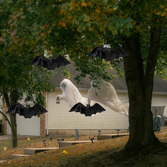 2pcs Black Hanging Bats Halloween Decorations–Scary/Spooky Halloween Decor for Indoor Outdoor Haunted House, Party, Yard, Home, Porch, Garden, and Office