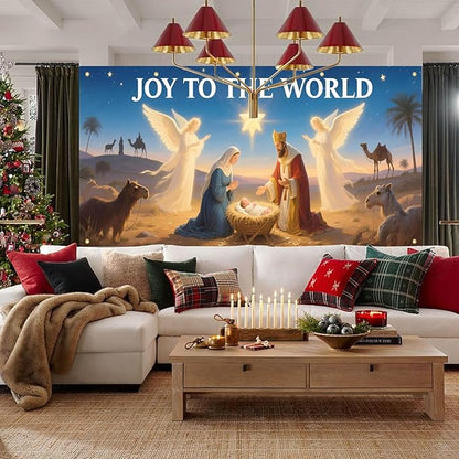 HOMETITUTE Christmas Garage Door Banner 13x6ft Joy to the World Nativity Scene Backdrop Banners for Outside Indoor Christmas Door Cover Garage Wall Covering for Party Garage Decorations