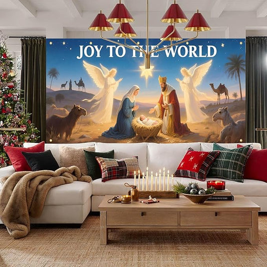 HOMETITUTE Christmas Garage Door Banner 13x6ft Joy to the World Nativity Scene Backdrop Banners for Outside Indoor Christmas Door Cover Garage Wall Covering for Party Garage Decorations