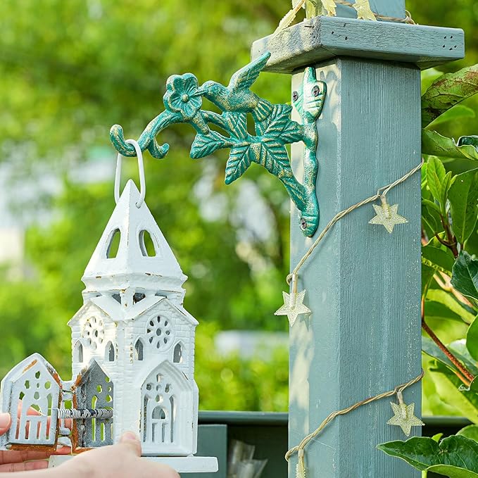 Sungmor Cast Iron Hanging Plant Brackets Decorative Plant Hanger, 2 Pack Green Wall Mounted Flower Pot Hooks, Outdoor Bird Feeder Hanger, Vintage Garden Hooks for Wind Chimes, Lanterns, Birdhouse