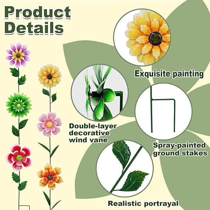 6 Pack Metal Flower Wind Spinners, Colorful Small Garden Stakes Yard Art, Decorative Floral Pinwheels Lawn Ornaments for Outdoor, Patio, Backyard, Flower Bed and Spring Decor (6 Vibrant Colors)