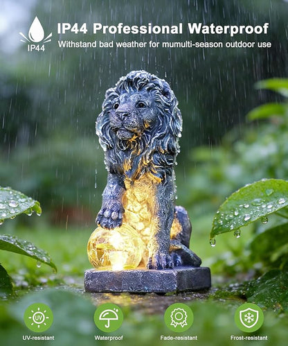 Nacome Guardian Lion Garden Decor: Outdoor Decoration Statue with Ball Lights for Yard Art Porch Patio Balcony - Unique Birthday Choice for Women Mom Lover(9.45in)