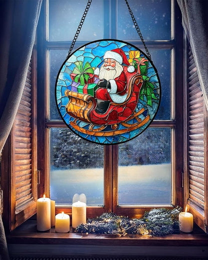 DASTOLL Stained Glass Window Hanging - Red Santa Claus Gift Box Suncatcher for Doors Home Christmas Decoration Winter Sun Catcher Thanksgiving New Year Birthday Gift for Women Men Mom Nana 7.8 in