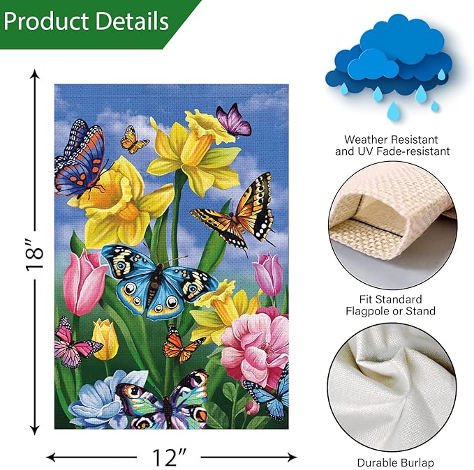 Louise Maelys Spring Daffodil Garden Flag 12x18 Double Sided, Burlap Small Butterfly Floral Flower Welcome Yard House Outside Outdoor Summer Decoration