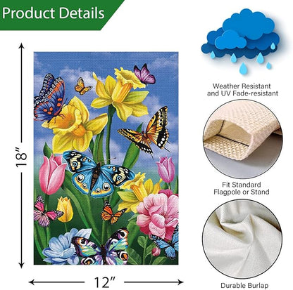 Louise Maelys Spring Daffodil Garden Flag 12x18 Double Sided, Burlap Small Butterfly Floral Flower Welcome Yard House Outside Outdoor Summer Decoration