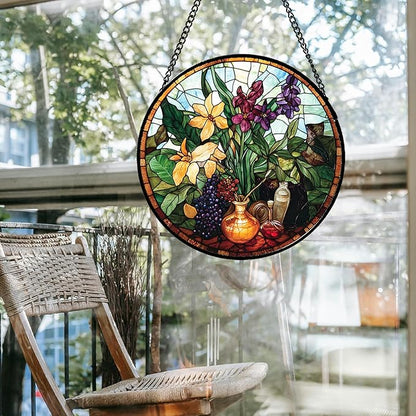 Stained Glass Window Hanging Berry Plant Purple Yellow Flowers in Vase 7.8" - Suncatcher Door Garden Sun Catcher Home Decor Birthday Christmas for Mom Men Woman Nana