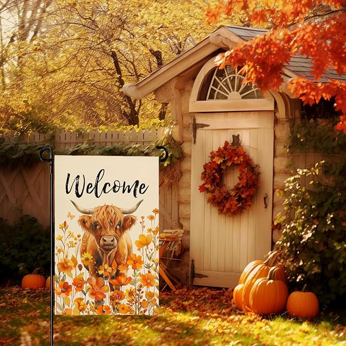 Welcome Fall Highland Cow Garden Flag Highland Cow with Flowers Burlap Yard Flag Seasonal Autumn Bull Butterfly House Banner for Farmhouse Rustic Holiday Outdoor Decor 12x18 Inch