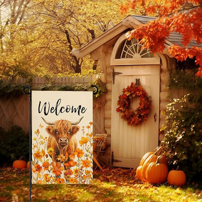 Welcome Fall Highland Cow Garden Flag Highland Cow with Flowers Burlap Yard Flag Seasonal Autumn Bull Butterfly House Banner for Farmhouse Rustic Holiday Outdoor Decor 12x18 Inch