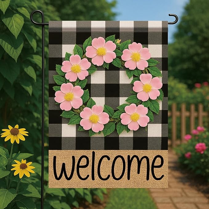 Buffalo Plaid Welcome Wreath Garden Flag Pink Wild Rose Flower Flag 12x 18 Inch Double Sided Spring Outdoor Fall Autumn Farmhouse Outdoor Small Decor for Porch Lawn Patio Yard