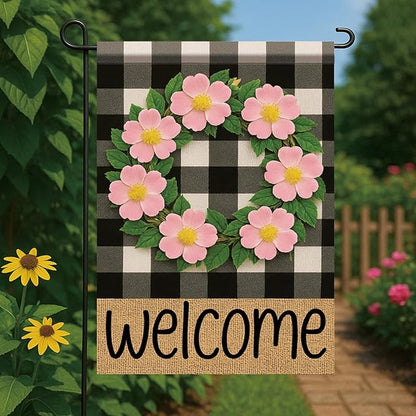 Buffalo Plaid Welcome Wreath Garden Flag Pink Wild Rose Flower Flag 12x 18 Inch Double Sided Spring Outdoor Fall Autumn Farmhouse Outdoor Small Decor for Porch Lawn Patio Yard