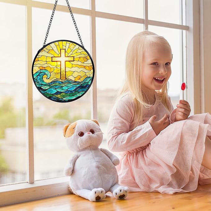 Easter Coastal Christian Cross Suncatchers Stained Glass Window Hanging, Ocean Beach Cross Sun Catchers Indoor Window Glass Round Wall Decor, Christian Wall Hanging Decorations, 7.9x7.9in