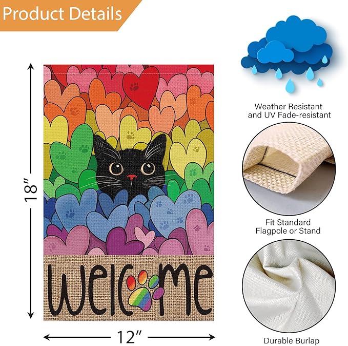 Louise Maelys Pride Garden Flag Rainbow Black Cat 12x18 Inch Double Sided Small Burlap Love Heart Gay Lesbian LGBTQ Yard Outdoor Sign Outside Home House Decor
