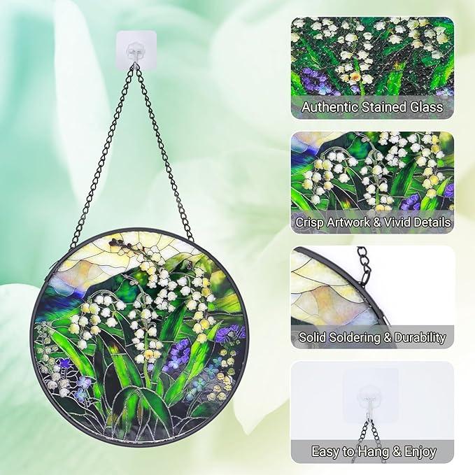 Stained Glass Window Hanging - 6.3 Inch Lily of The Valley Stained Glass, Lily of The Valley Decor for Window Home Door Wall Garden Outdoor and Christmas Mother's Day Birthday, Gifts for Women Men Mom