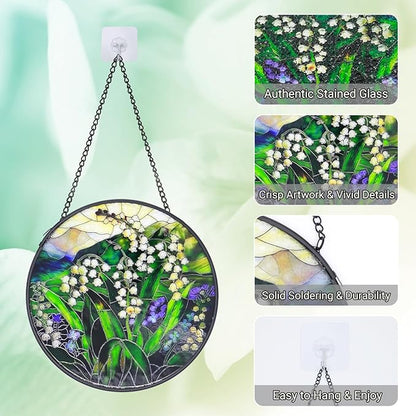 Stained Glass Window Hanging - 6.3 Inch Lily of The Valley Stained Glass, Lily of The Valley Decor for Window Home Door Wall Garden Outdoor and Christmas Mother's Day Birthday, Gifts for Women Men Mom