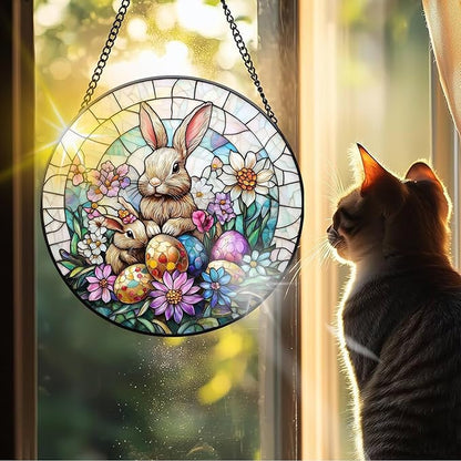 VAIIEYO Rabbit Sun Catcher Stained Glass Window Hanging Ornament, Handmade Sun Catcher Easter Egg Decoration with Hooks for Window Garden Home, Mother's Day & Birthday Housewarming Gift (7.8 inch)